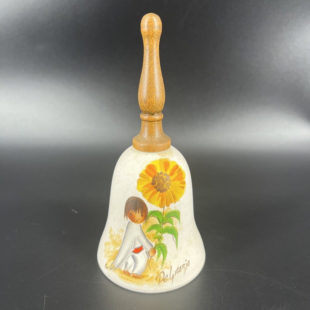 VTG De Grazia Clay Pottery Bell Signed Hand painted Boy W/ Flowers Wood Handle